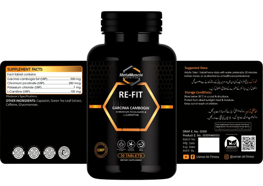 Re-Fit label showing supplement facts, other ingredients, suggested dose and storage conditions