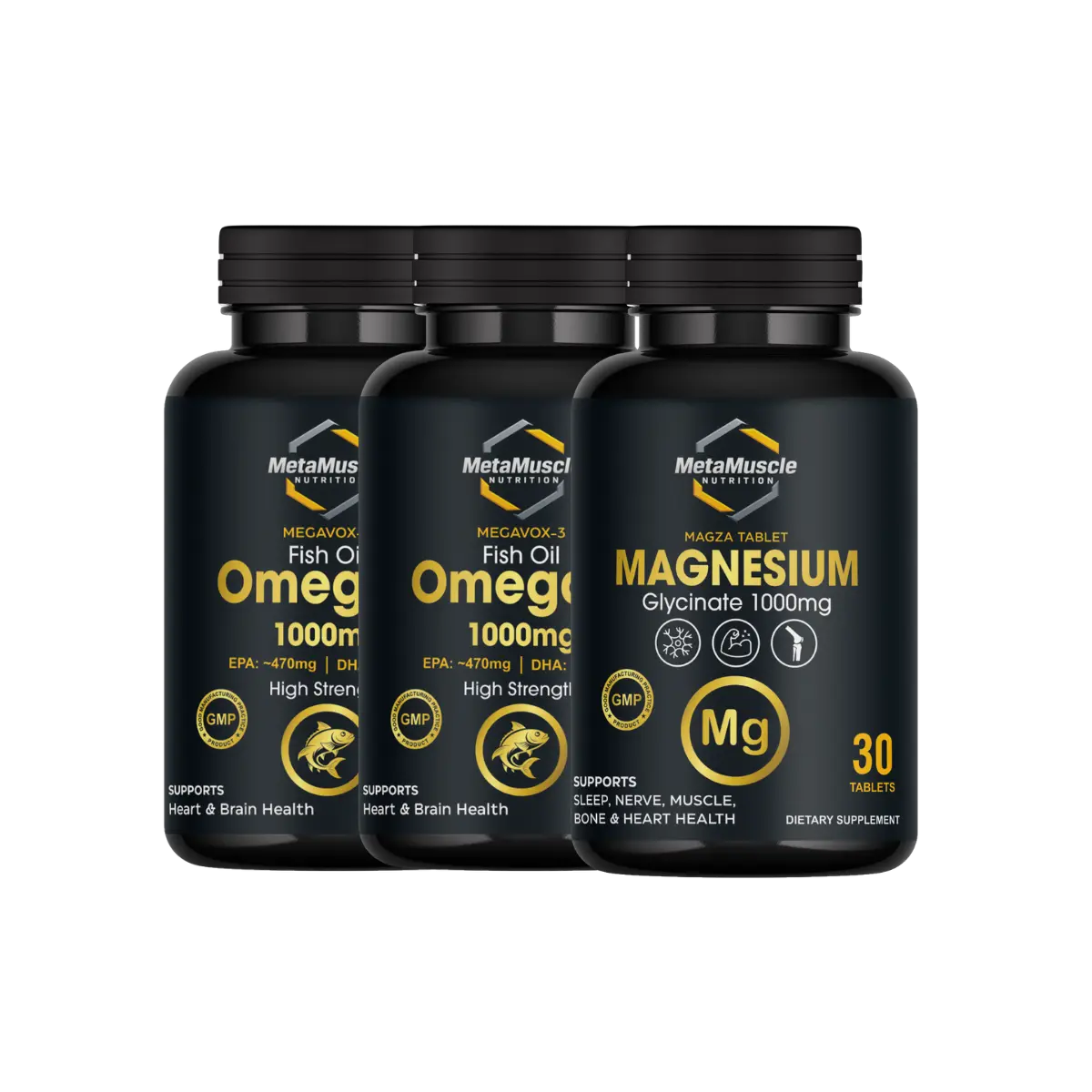 MetaMuscle Nutrition Recovery Stack: 2 bottles of MEGAVOX-3 Omega-3 fish oil and 1 bottle of MAGZA magnesium supplement