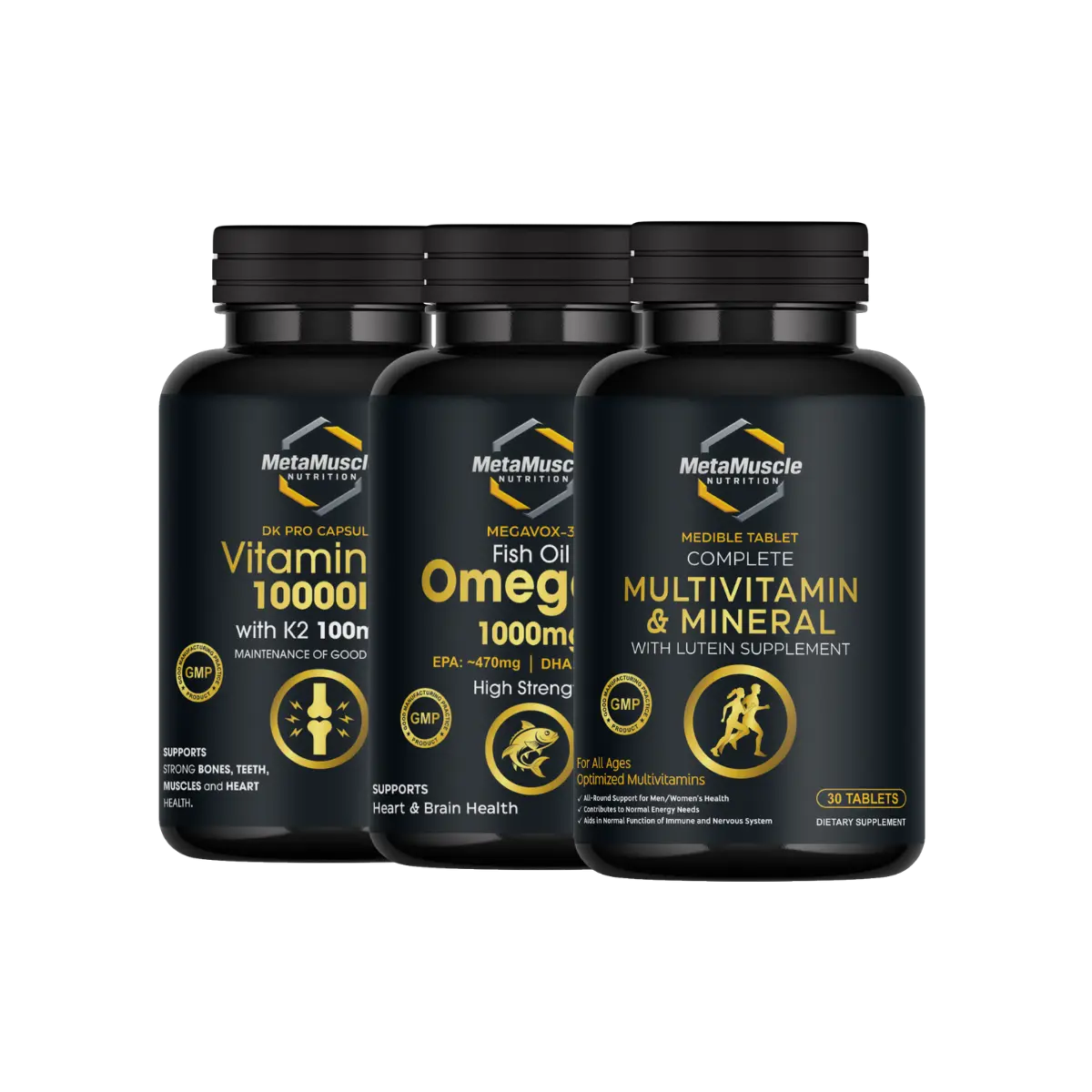 MetaMuscle Nutrition Daily Essentials Stack: MEDIBLE multivitamin, MEGAVOX-3 Omega-3, and DK PRO Vitamin D3 plus K2 supplements