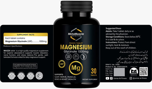 Black bottle of MetaMuscle Magnesium supplement with label and supplement facts on a white background