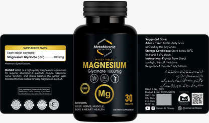 Supplement bottle labeled 'Magnesium Glycinate 1000mg' by MetaMuscle Nutrition with packaging details.
