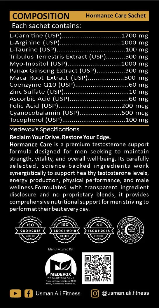 Hormance Care MetaTest Pro composition panel listing 13 transparently dosed ingredients per sachet