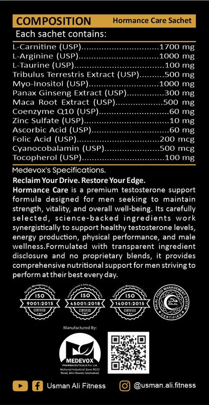 Hormance Care MetaTest Pro composition panel listing 13 transparently dosed ingredients per sachet