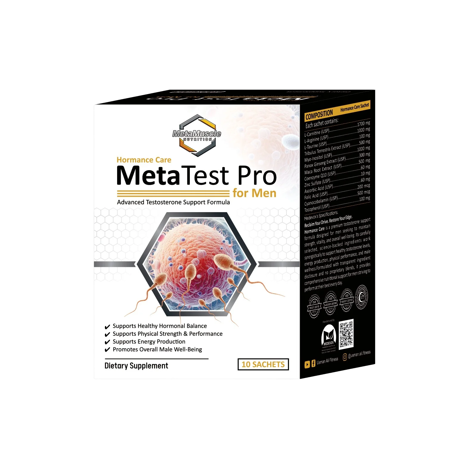MetaMuscle Nutrition Hormance Care MetaTest Pro testosterone support formula for men, box of 10 sachets