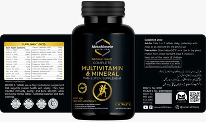 Black supplement bottle labeled 'MetalMuscle Nutrition' with nutritional information.