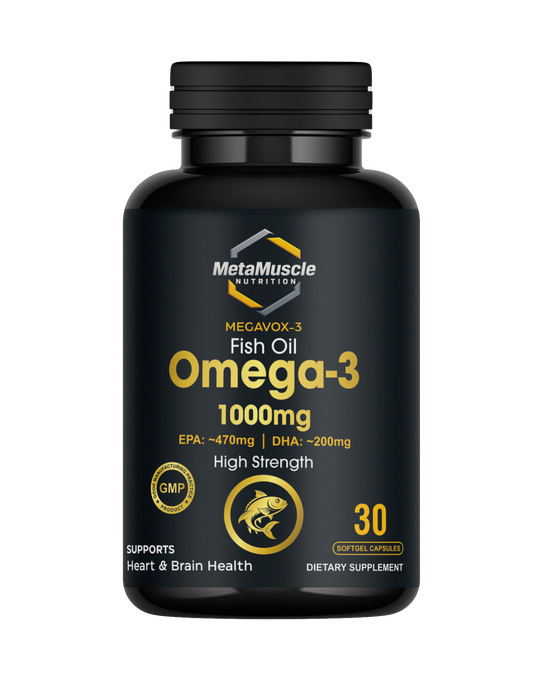 Black bottle of MetaMuscle Omega-3 supplement on a white background