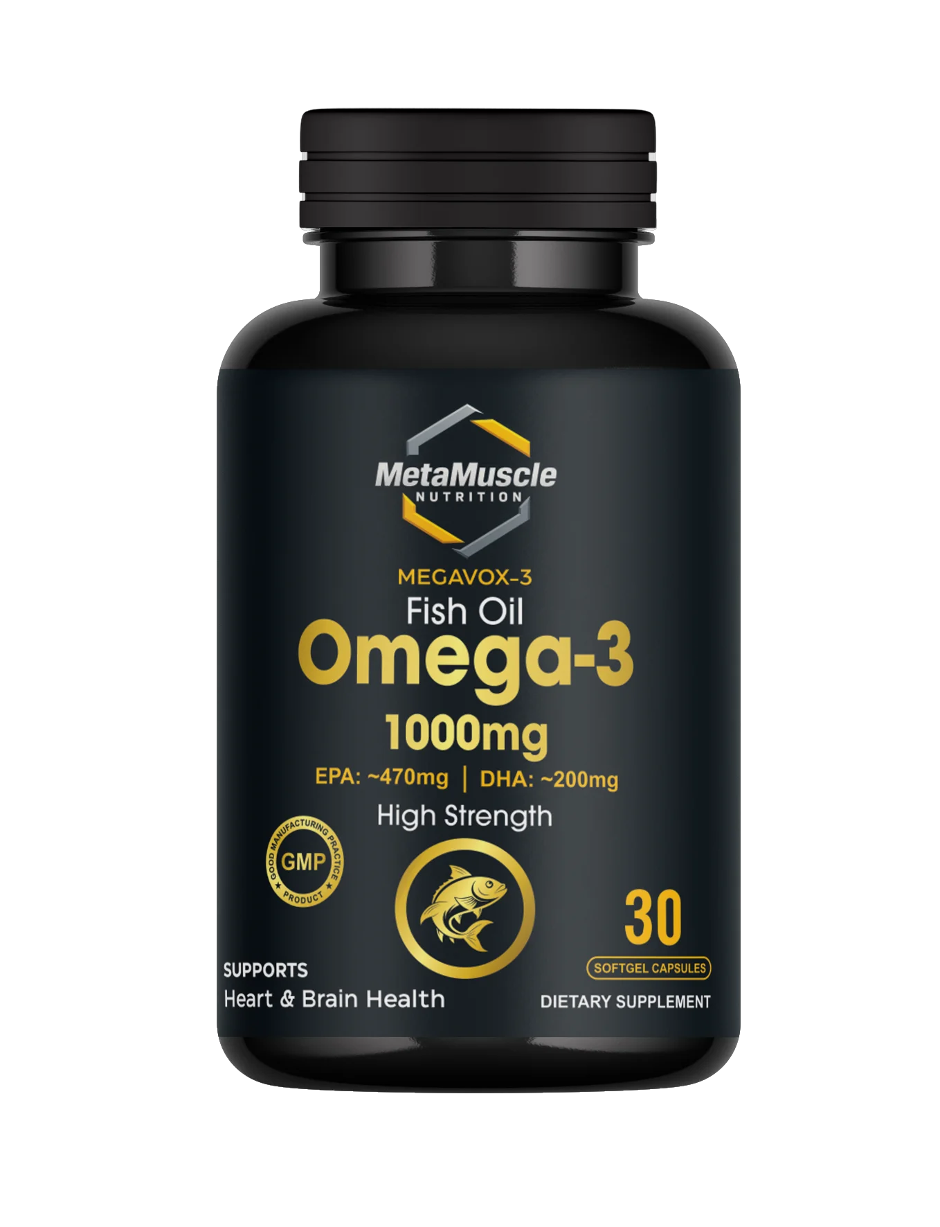 Black bottle of MetaMuscle Nutrition Omega-3 supplement.