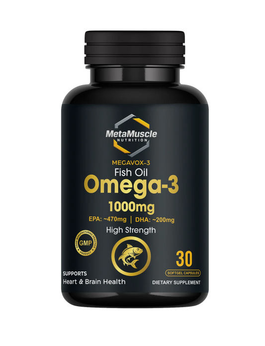 Black bottle of MetaMuscle Nutrition Omega-3 supplement.