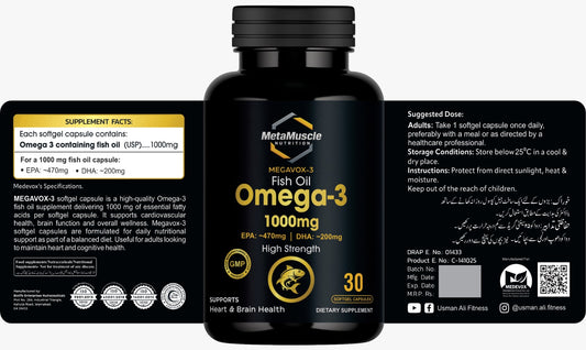 Omega-3 supplement bottle with label details on a white background