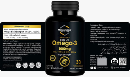 Omega-3 supplement bottle with label details.
