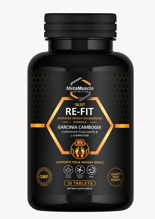 MetaMuscle Nutrition Re-Fit weight management formula with Garcinia Cambogia, bottle of 30 tablets