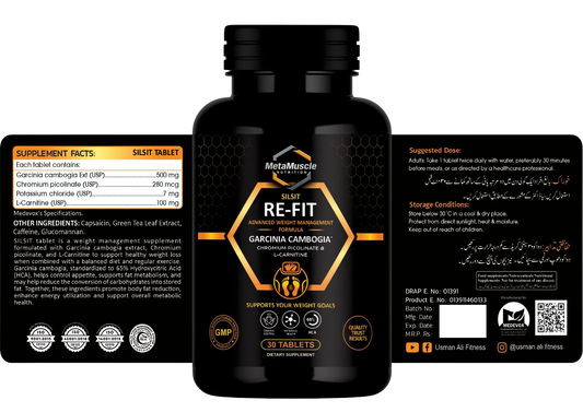 Re-Fit label showing supplement facts, other ingredients, suggested dose and storage conditions