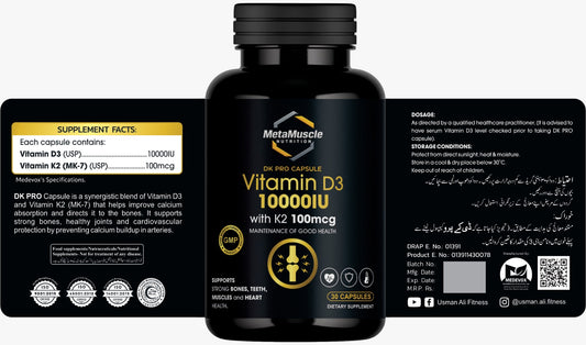 Black supplement bottle labeled 'MetaMuscle Nutrition Vitamin D3' with labels on a white background