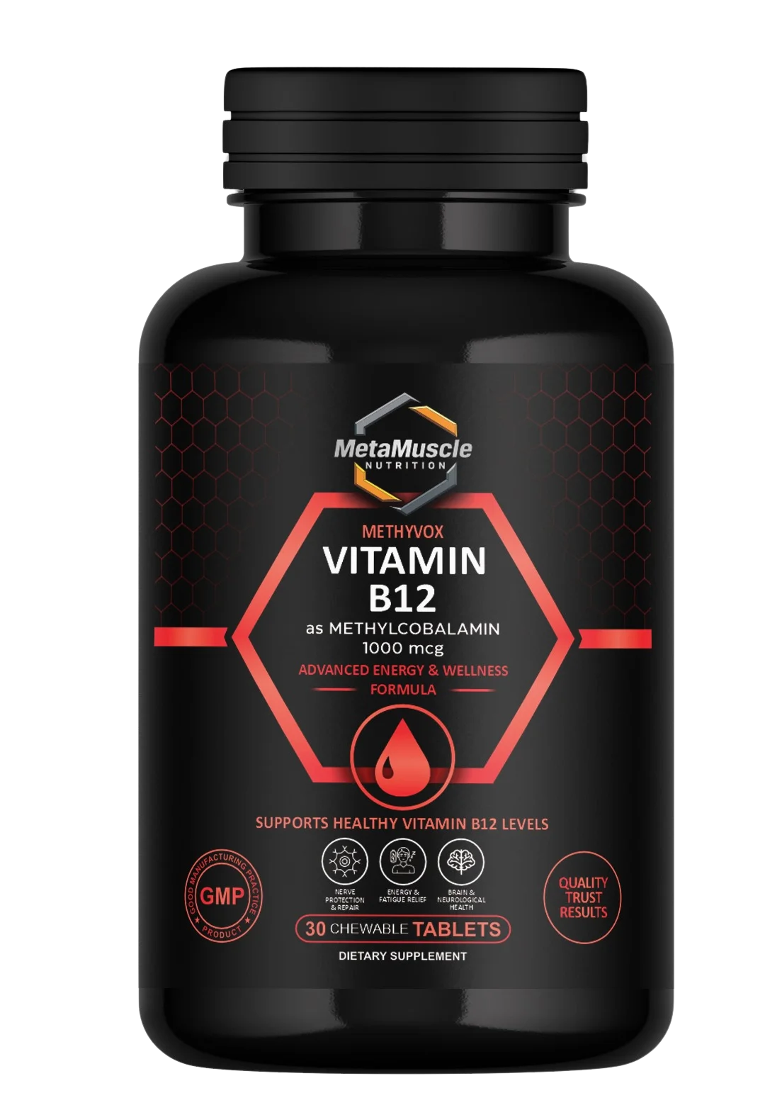 MetaMuscle Nutrition Methyvox Vitamin B12 methylcobalamin 1000 mcg, bottle of 30 chewable tablets