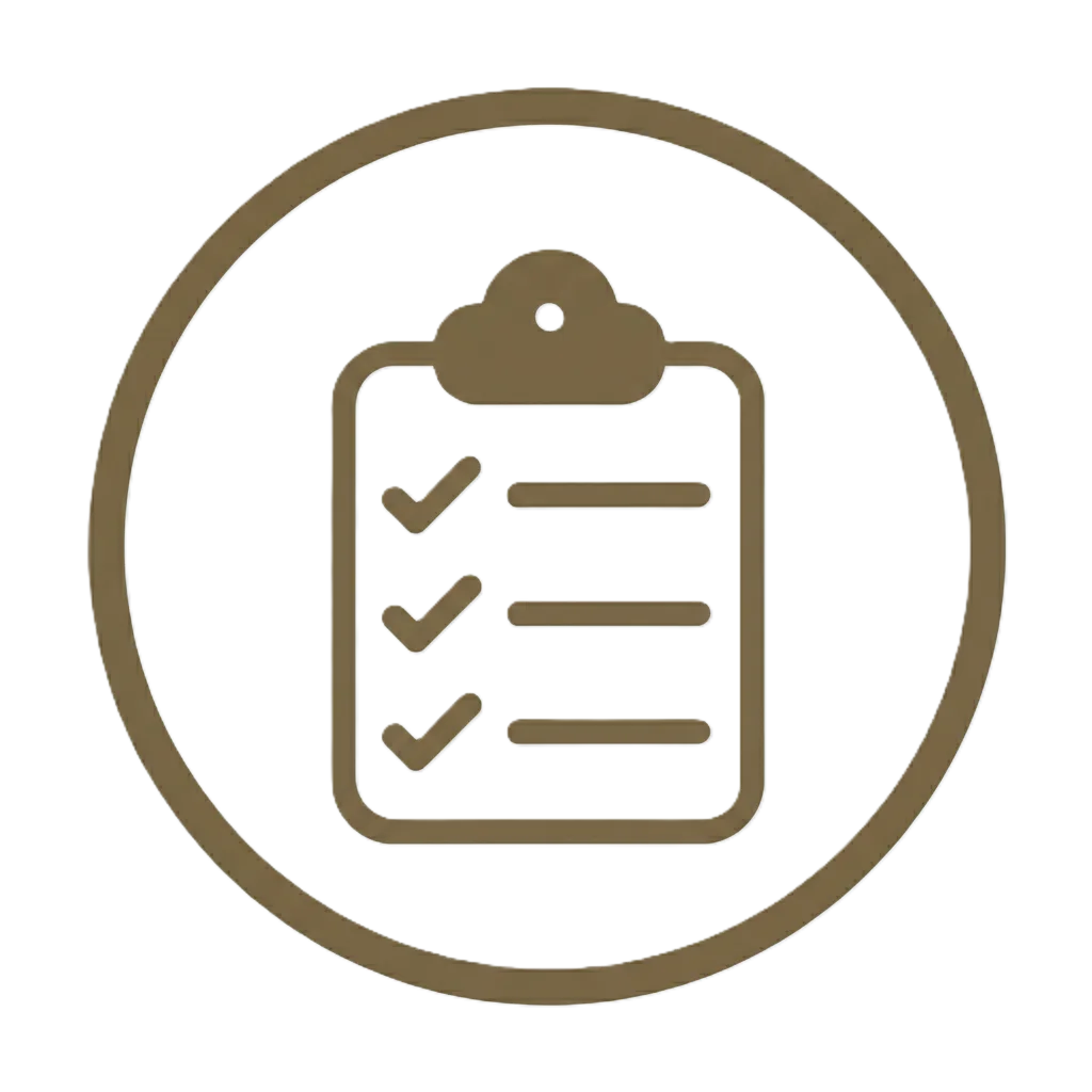 Icon of a clipboard with checkmarks inside a circle on a white background