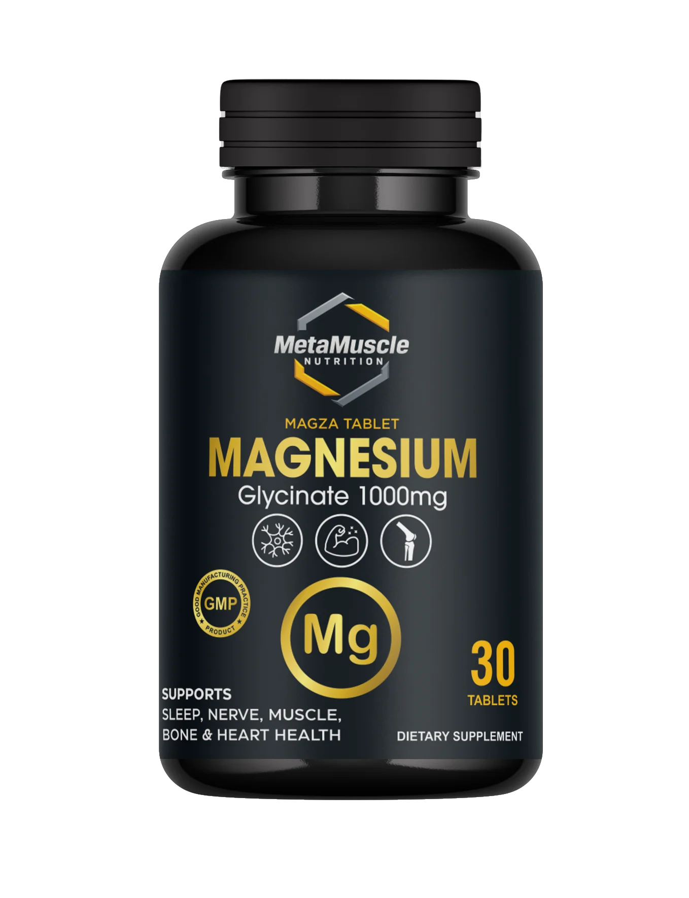 Black supplement bottle labeled 'Magnesium Glycinate 1000mg' by MetaMuscle Nutrition.