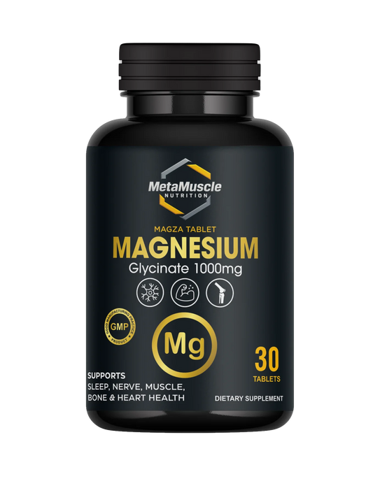 Black supplement bottle labeled 'Magnesium Glycinate 1000mg' by MetaMuscle Nutrition.