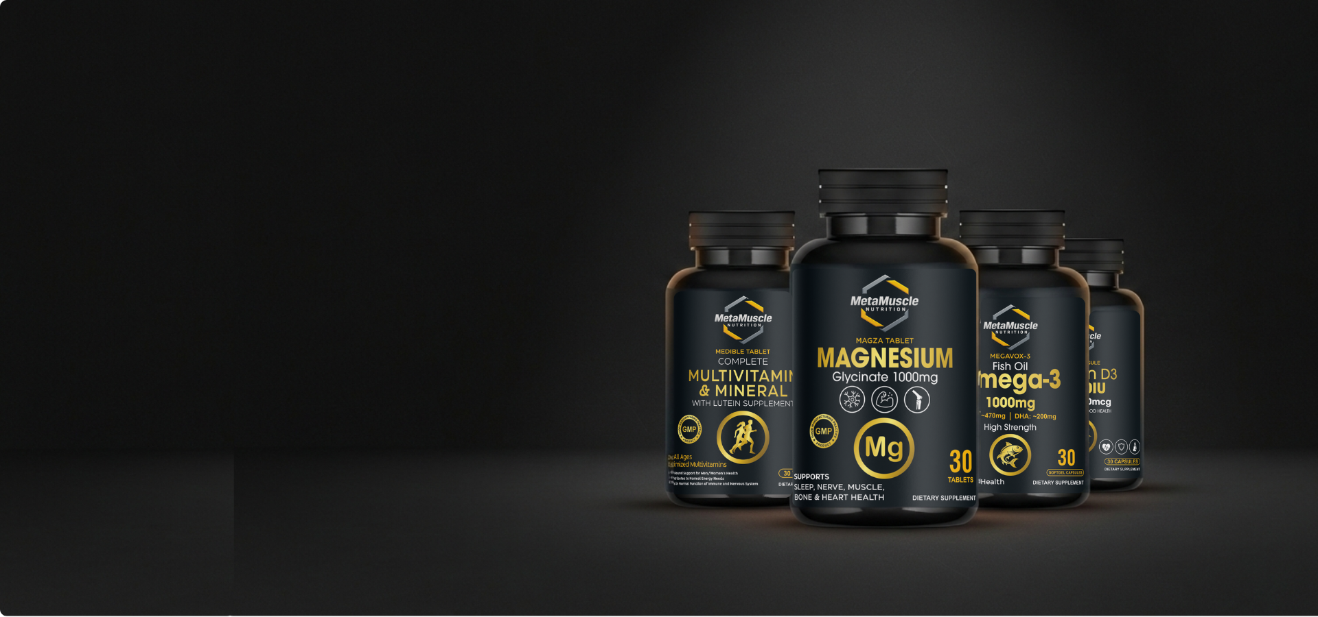 Supplement bottles with labels on a dark background