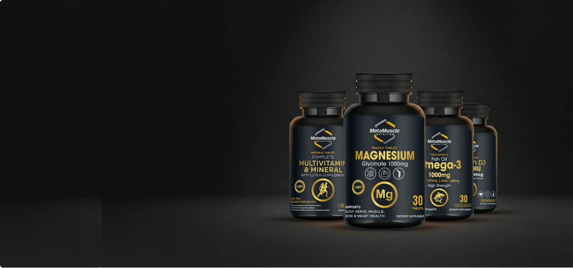 Row of MetaMuscle Nutrition supplement bottles with visible labels on a dark background.