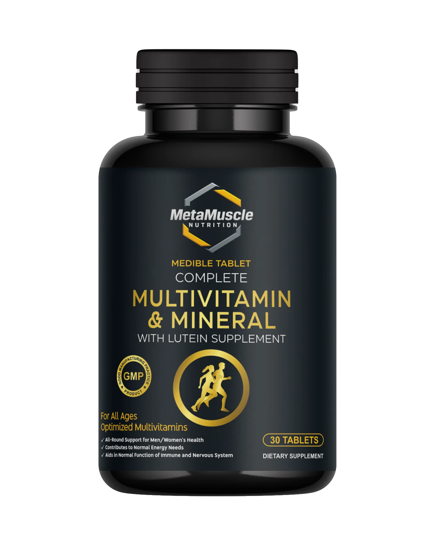 Black supplement bottle labeled 'Complete Multivitamin & Mineral' with MetaMuscle Nutrition.
