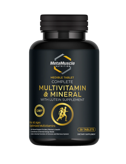 Black supplement bottle labeled 'Complete Multivitamin & Mineral' with MetaMuscle Nutrition.