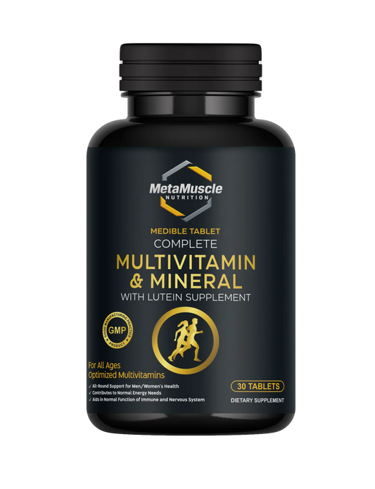 Black supplement bottle labeled 'Complete Multivitamin & Mineral' with MetaMuscle Nutrition.
