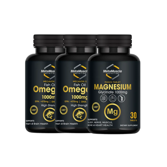 MetaMuscle Nutrition Recovery Stack: 2 bottles of MEGAVOX-3 Omega-3 fish oil and 1 bottle of MAGZA magnesium supplement