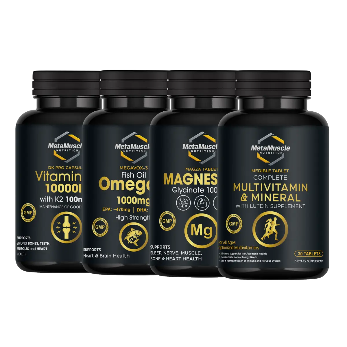 MetaMuscle Nutrition Complete Stack: all 4 supplements including MEDIBLE multivitamin, MEGAVOX-3 Omega-3, DK PRO D3K2, and MAGZA magnesium