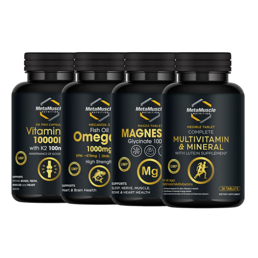 MetaMuscle Nutrition Complete Stack: all 4 supplements including MEDIBLE multivitamin, MEGAVOX-3 Omega-3, DK PRO D3K2, and MAGZA magnesium