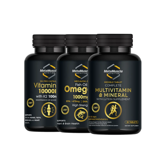 MetaMuscle Nutrition Daily Essentials Stack: MEDIBLE multivitamin, MEGAVOX-3 Omega-3, and DK PRO Vitamin D3 plus K2 supplements