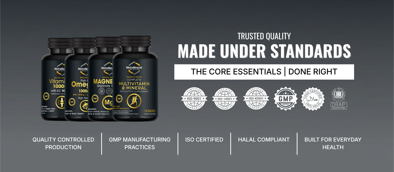 Supplement bottles with certification logos on a gray background
