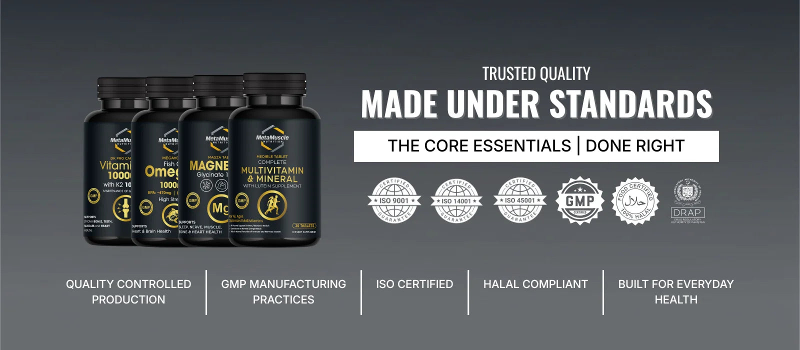 MetaMuscle Nutrition Supplement bottles with certification logos on a gray background