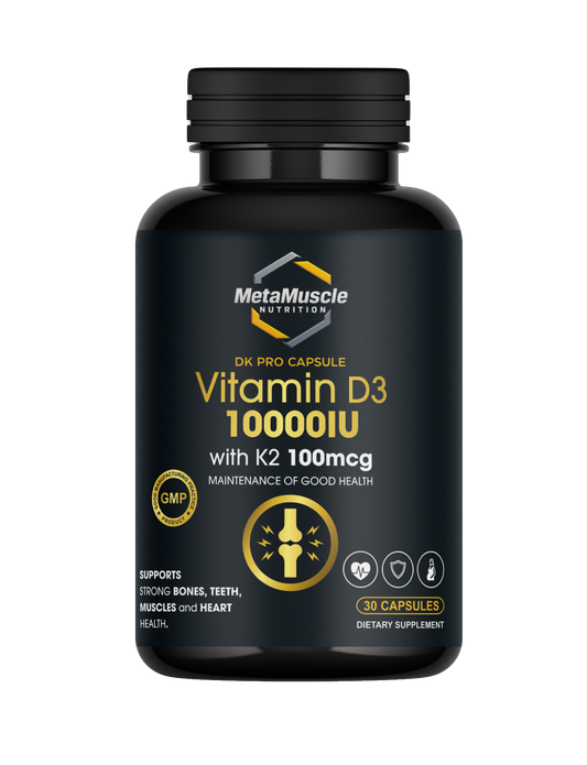 Black supplement bottle labeled 'Vitamin D3 10000IU with K2 100mcg' by MetaMuscle Nutrition on a white background.