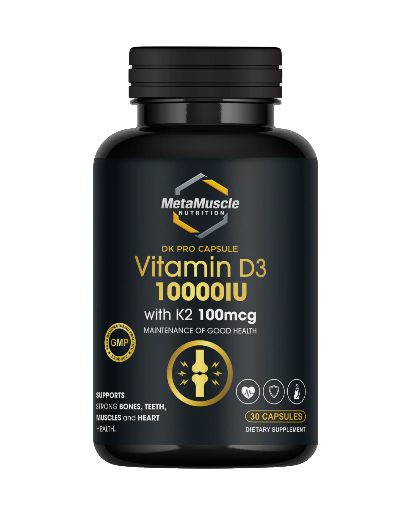 Black supplement bottle labeled 'Vitamin D3 10000IU with K2 100mcg' by MetaMuscle Nutrition.